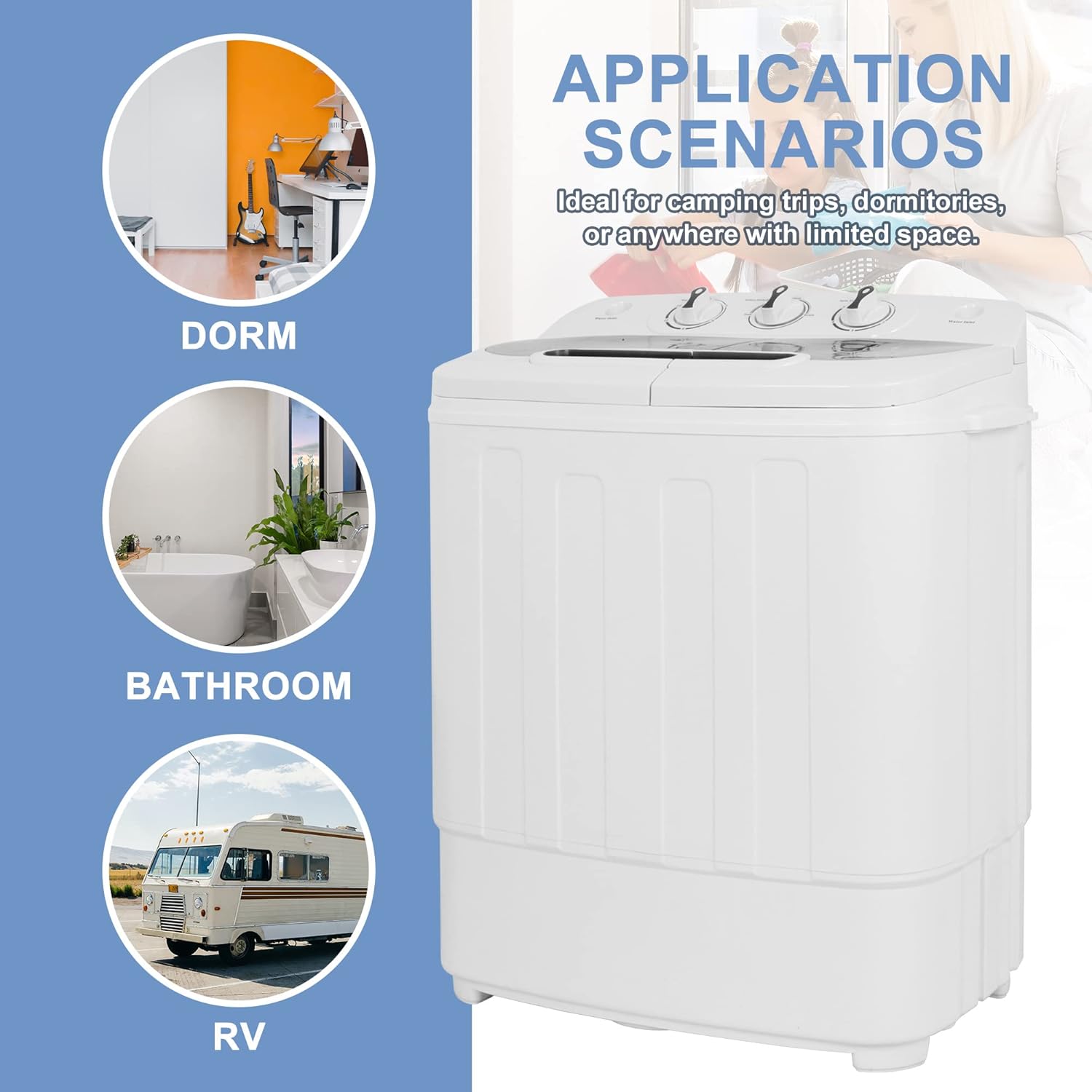 JupiterForce Portable Washing Machine 13lbs Capacity, Compact Mini Twin Tub Washing Machine, Washer and Dryer Combo with Gravity Drain for Apartments, Camping, Dorms, RVs, College, Bathroom