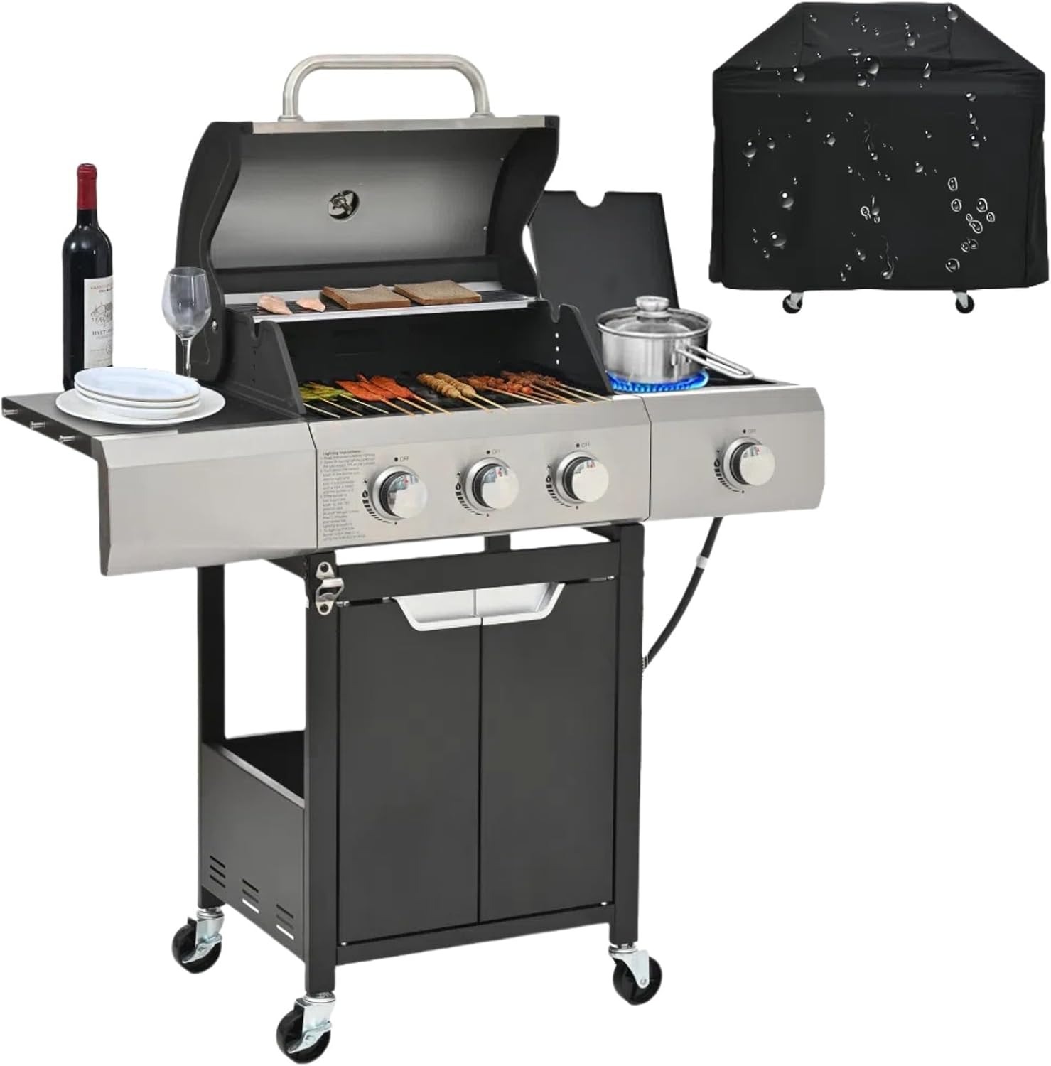 40.5K BTU 3+1 Burner Propane Gas Grill - Stainless Steel Outdoor BBQ with Weatherproof Cover, Side Burner & 376 sq.in Cooking Space for Patio/Camping (Silver)
