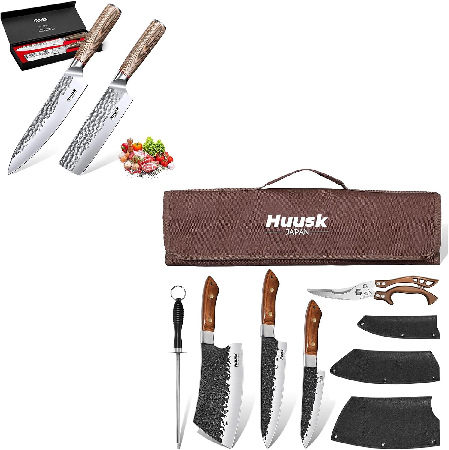 Huusk Butcher Knife Set of 5 Bundle with Japanese Kitchen Knife Set - 2-Piece