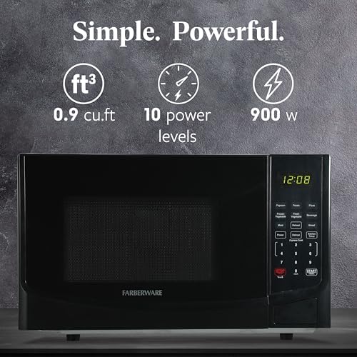 Farberware 0.9 Cu. Ft. Black Microwave Oven, 900W with LED Display, 10 Power Levels, 8 Auto-Cook Presets, Express Cooking & Defrost