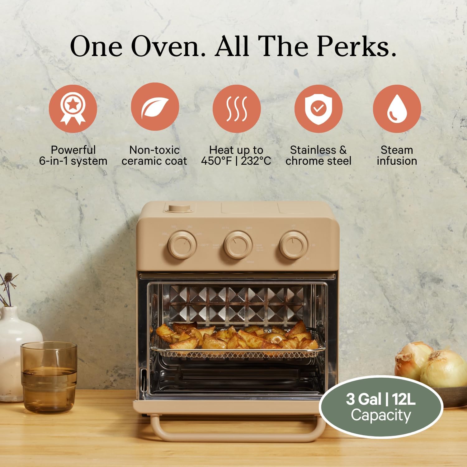 Our Place Wonder Oven | 6-in-1 Stainless Steel Air Fryer Toaster Oven Combo with Basket, Rack, Pan & Tray | Compact 13 QT Countertop Capacity - Toast, Roast, Bake, Reheat, Broil & Steam | Steam