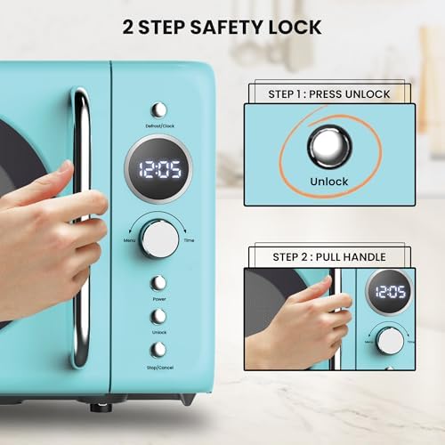 Total Chef Retro Microwave Oven | 20L / 0.7 Cu Ft | Quick Start & Defrost By Weight/Time | 8 Pre-set Cooking Modes For Coffee, Rice, Pasta, Potato, Reheat, Fish, Pizza, Popcorn | 700W | Blue