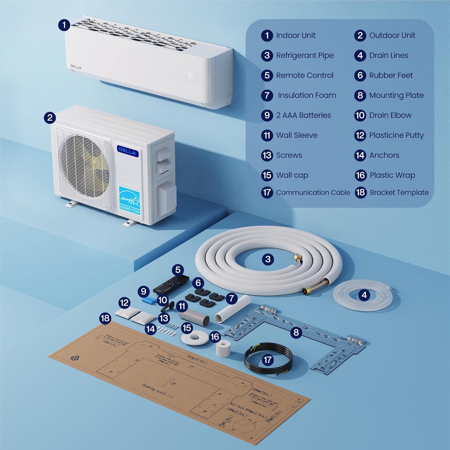 DELLA Hyper Heat Lower as -13℉, 12,000 BTU WiFi Mini Split, Energy Star 230V 24 SEER2, Cools Up to 550 Sq. Ft, Work with Alexa, Inverter AC with 1 Ton Pre-Charged Heat Pump & 16.4ft Installation Kits