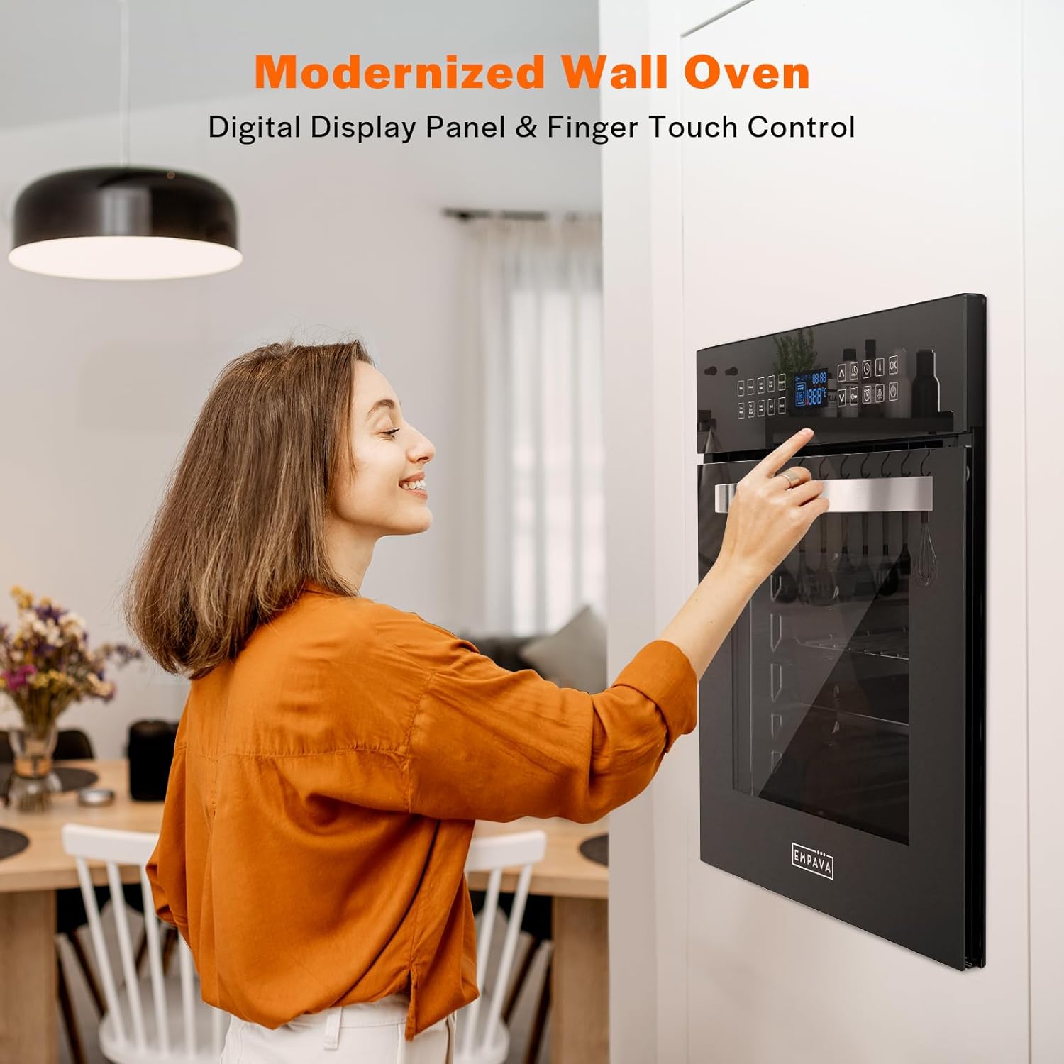 Empava 24 Inch Electric Single Wall Oven with 10 Cooking Modes, Convection Fan and Rotisserie, Screen Touch Control, Black Glass Door