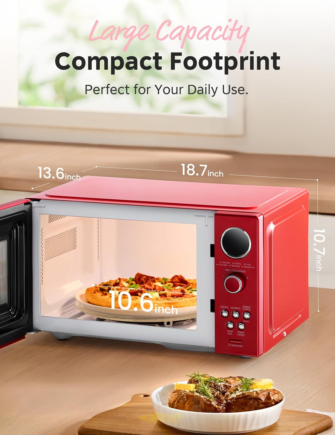 COMFEE' Retro Microwave Oven, Small Microwave with 6 Auto Menus, 0.9 cu.ft Countertop Compact Microwave with Multi-stage Cooking, Mute Function, LED digital, Red/900W, CMO-MMP02AA(RD)