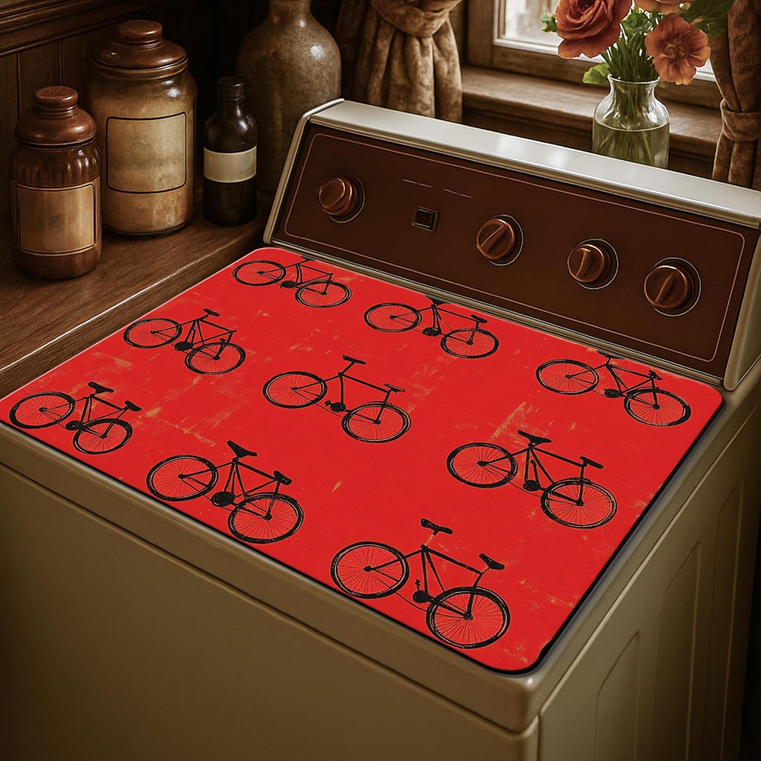 Bike Washer Dryer Top Protector Mat, Retro Vintage Bike Laundry Machine Dust Covers, Charming Rubber Anti-slip Waterproof Washer And Dryer Mats for Laundry Room 20x24 Inch