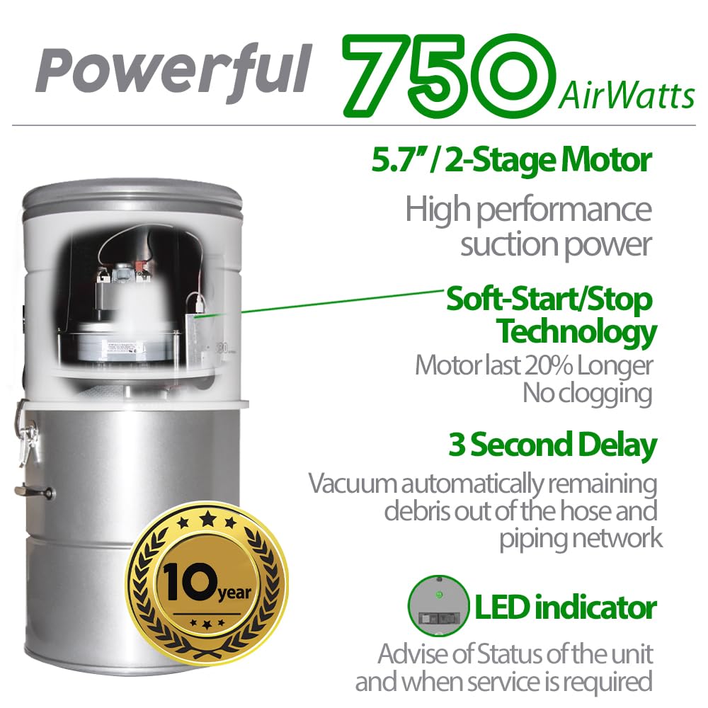 OVO 750 Airwatts Heavy Duty Powerful Central Vacuum System, Hybrid Filtration (with or Without Disposable Bags) 25L or 6.6Gal, 40ft Carpet Deluxe Accessory kit Included