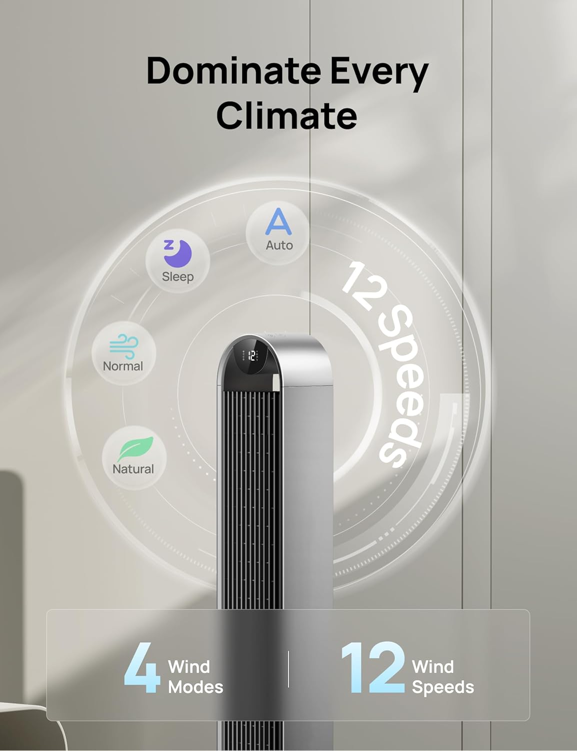 Dreo Tower Fan for Bedroom, 42 Inch 120° Oscillating Fan, 25dB Quiet DC Motor, 28ft/s Velocity Bladeless Standing Fan with 12 Speeds, 4 Modes, 12H Timer Cooling Fans for Home, Living Room, Pilot Max S