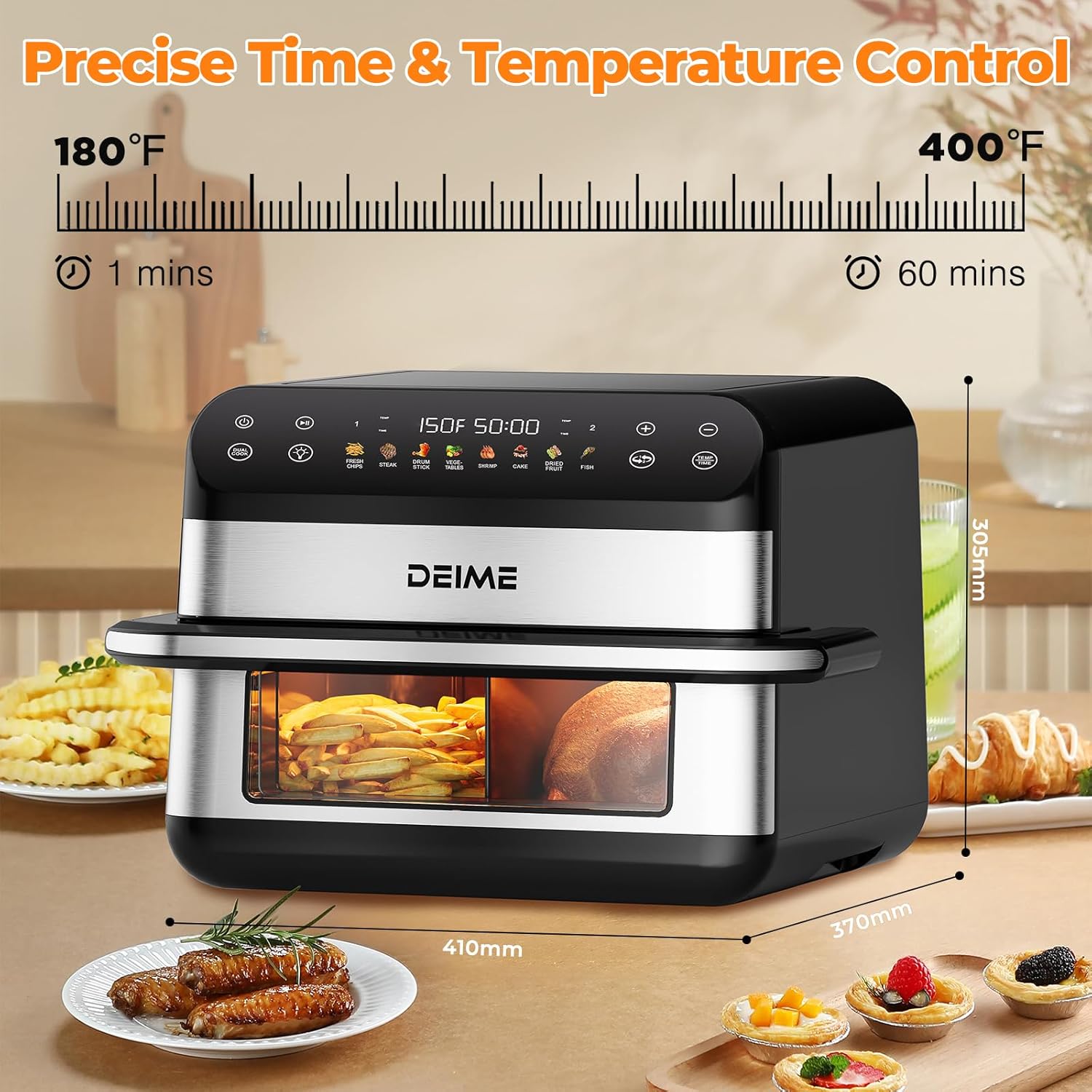 DEIME Dual Zone Air Fryer 10.6 QT Double 1800W Large Capacity Oven Air Fryers Healthy Cooker with 8 Preset, Large AirFryer for Families Visual Cooking Window, Non-Stick Basket, Included Recipe