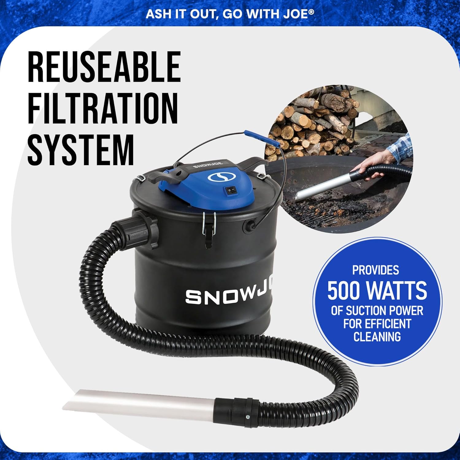 Snow Joe Bagless Ash Vacuum Cleaner Machine, Metal Canister with Hose and Filter, 4.8 Gallon, 4-Amp Motor - Vacuuming and Cleaning Equipment for Home, Garage and Outdoor Spaces, ASHJ201