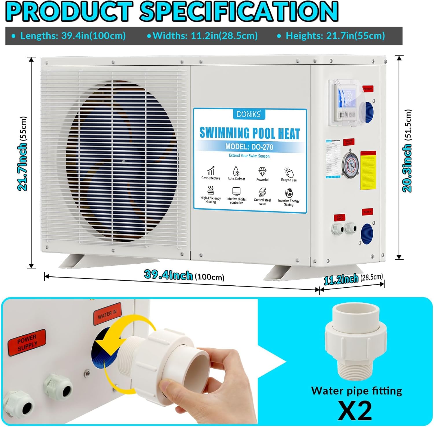 72000 BTU Pool Heater, for 9000 Gallons Inground Ground Pools,Swimming Pool Heaters,230V~240V with Digital Display Multi-Protectionle Timer, Heating and Cooling Pool Heater