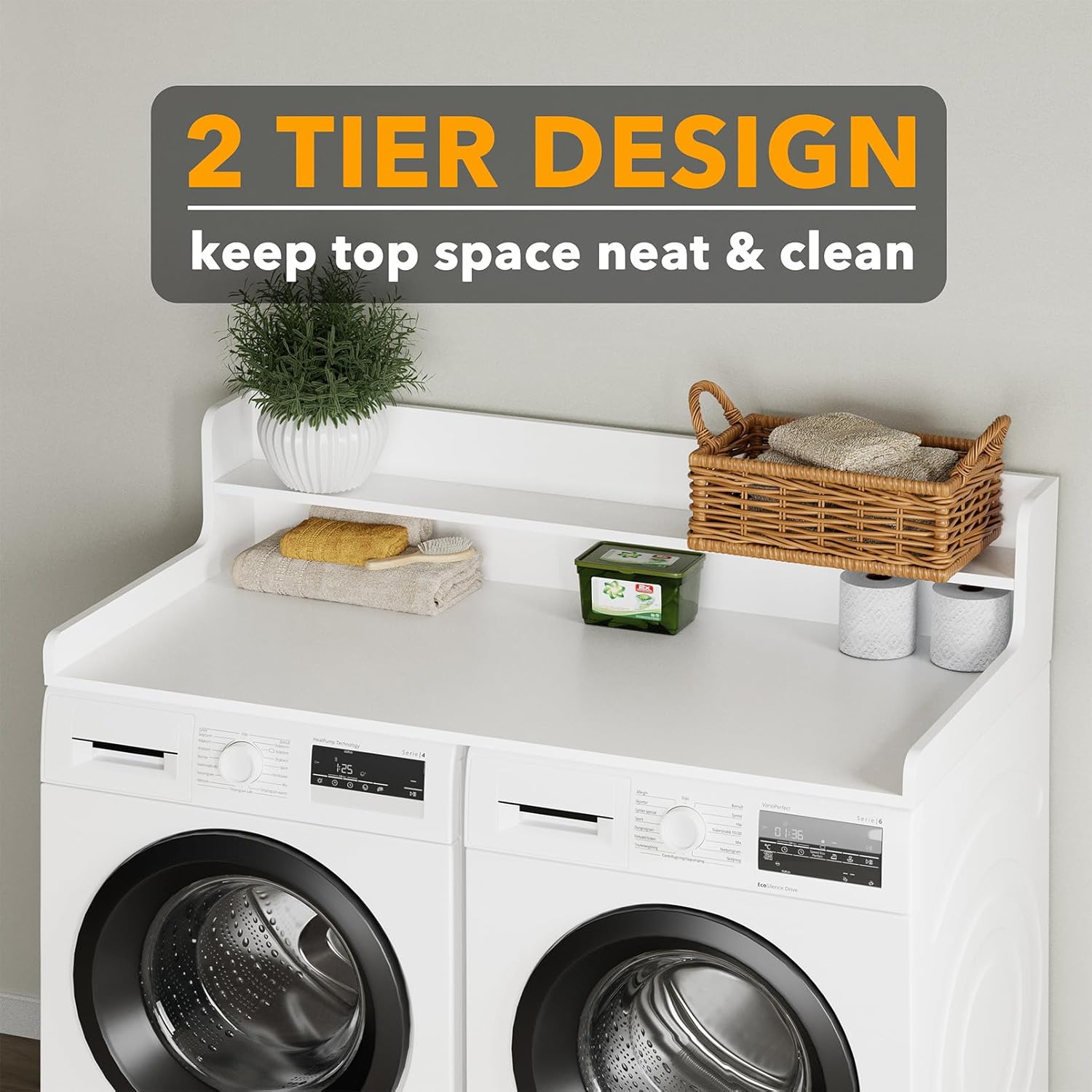 SpaceAid Washer Dryer Countertop with 2-Tier Shelf, Wood Topper with Edge, 54