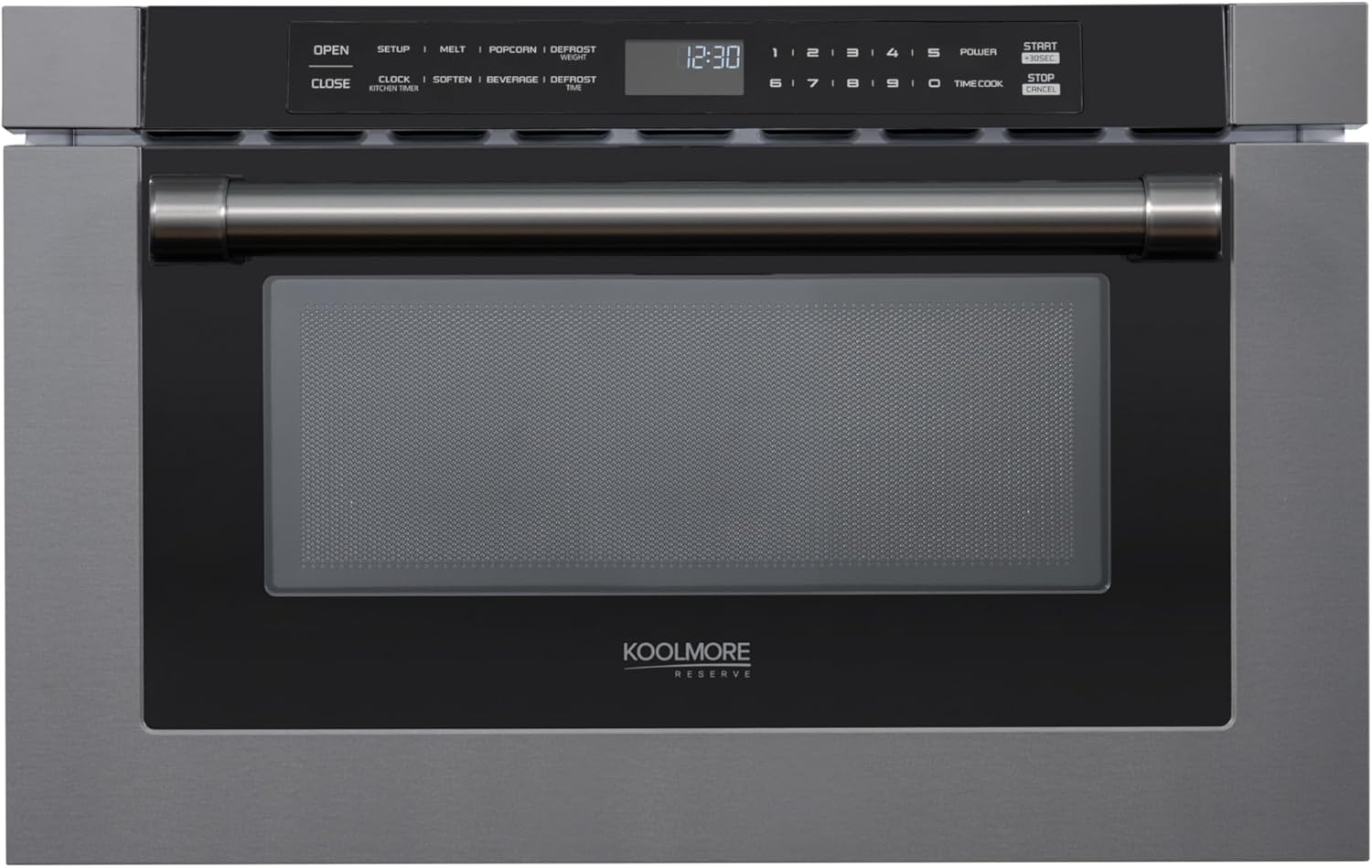 KoolMore Reserve 24 in. 1.2 cu. ft. Microwave Drawer with Electric Door Opening, 10 Power Levels, Sensor Cooking, Melt, Defrost, Bake, Roast, Broil, 1500 Watts, UL Certified in Black Stainless-Steel
