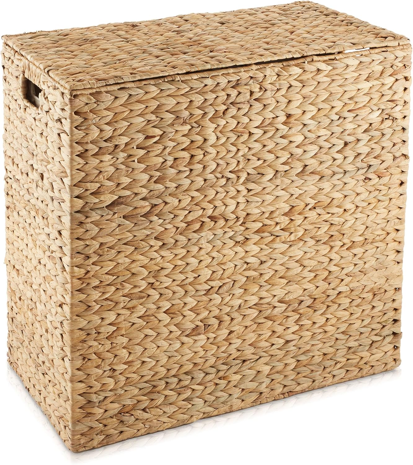 Casafield 2-Section Laundry Hamper with Removable Liner Bags - Natural, Woven Water Hyacinth Double Laundry Basket Sorter for Clothes and Towels