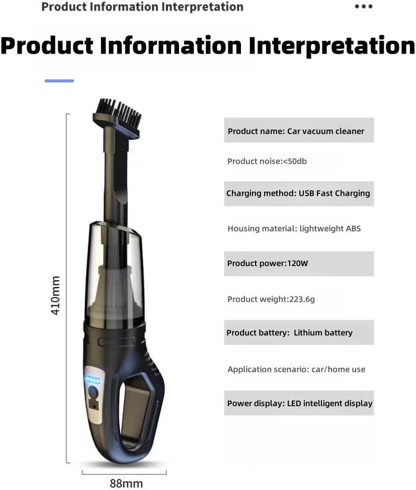 Handheld Cordless Vacuum Cleaner, Portable Vacuum Cleaner, Car Vacuum Cleaner with LED Light and Battery Display, Strong Suction Power for Car/Home/Office (Black)
