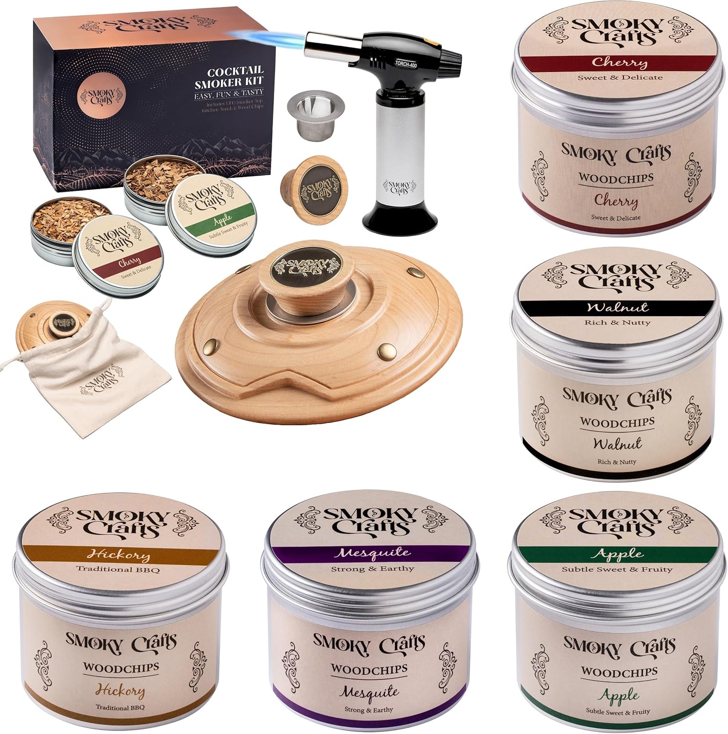 5 Flavors Wood Chips Set + Saturn Smoker Top Kit by Smoky Crafts