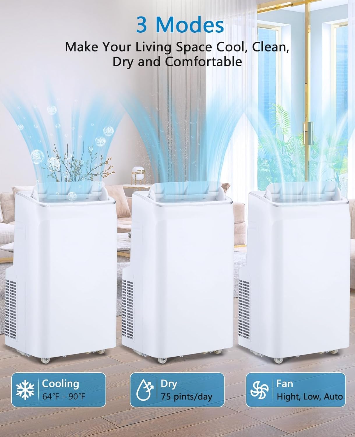 12000 BTU Portable Air Conditioners, 3 in-1 Free Standing Portable AC Unit with Fan, Dehumidifier, Remote Control, Auto Swing and Smart Sleep Mode, Efficient Cooling for Rooms up to 500 Sq.Ft, White