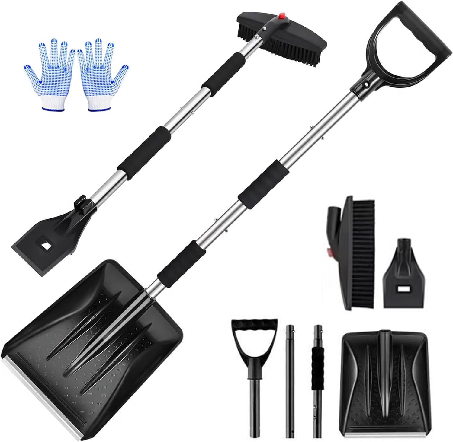 Aluminum Snow Shovel, Rapidgrip Foldable Snow Brush– Ergonomic, Lightweight Compact, 3-in-1 Winter Snow Removal Tool Set, Clears Cars and Driveways with, Less Effort Fast (Silver)