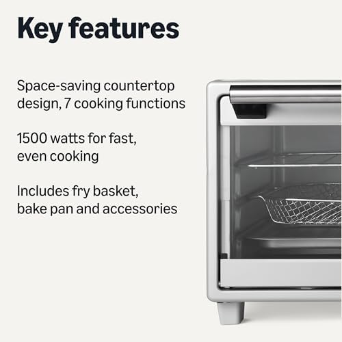 Amazon Basics 6-Slice 23-QT Toaster Oven with Built-In Air Fryer, 7-In-1 Cooking Options, 60-Min Timer & Adjustable Temperature (200℉ - 450℉), With Accessories, 1500W, Stainless Steel, Silver/Gray