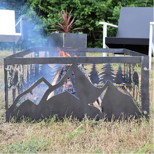 Majestic Mountains Steel Fire Pit - Metal Outdoor Backyard Fire Ring - Wilderness Patio Decor - Rocky Mountain Fire Pit (Raw Steel -Dark, 29