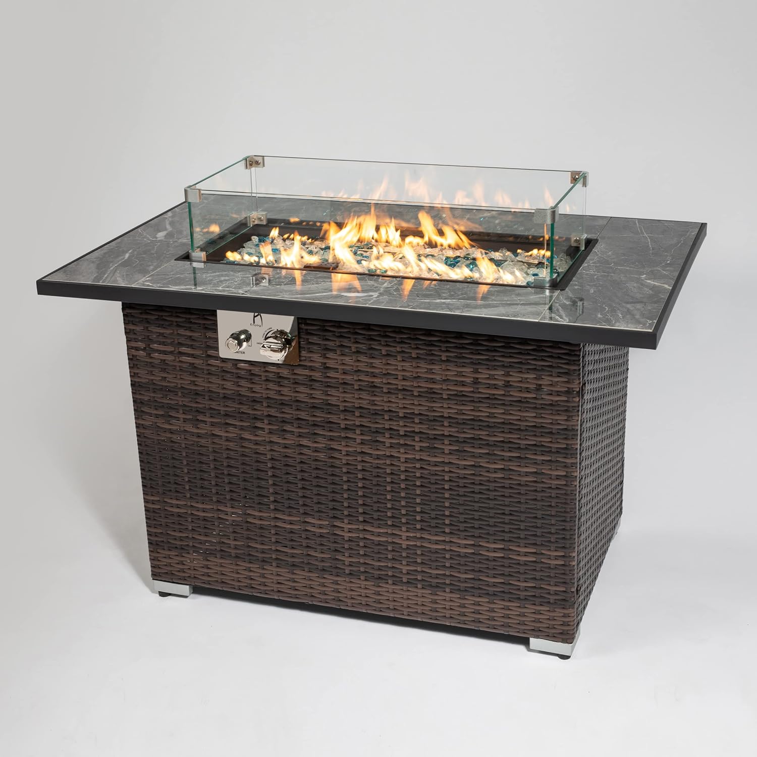 44in Outdoor Propane Gas Fire Pit Table, 50,000 BTU Auto-Ignition Gas Firepit with Glass Wind Guard, Ceramic Tabletop & Blue Glass Rock, Espresso PE Rattan, ETL Certification
