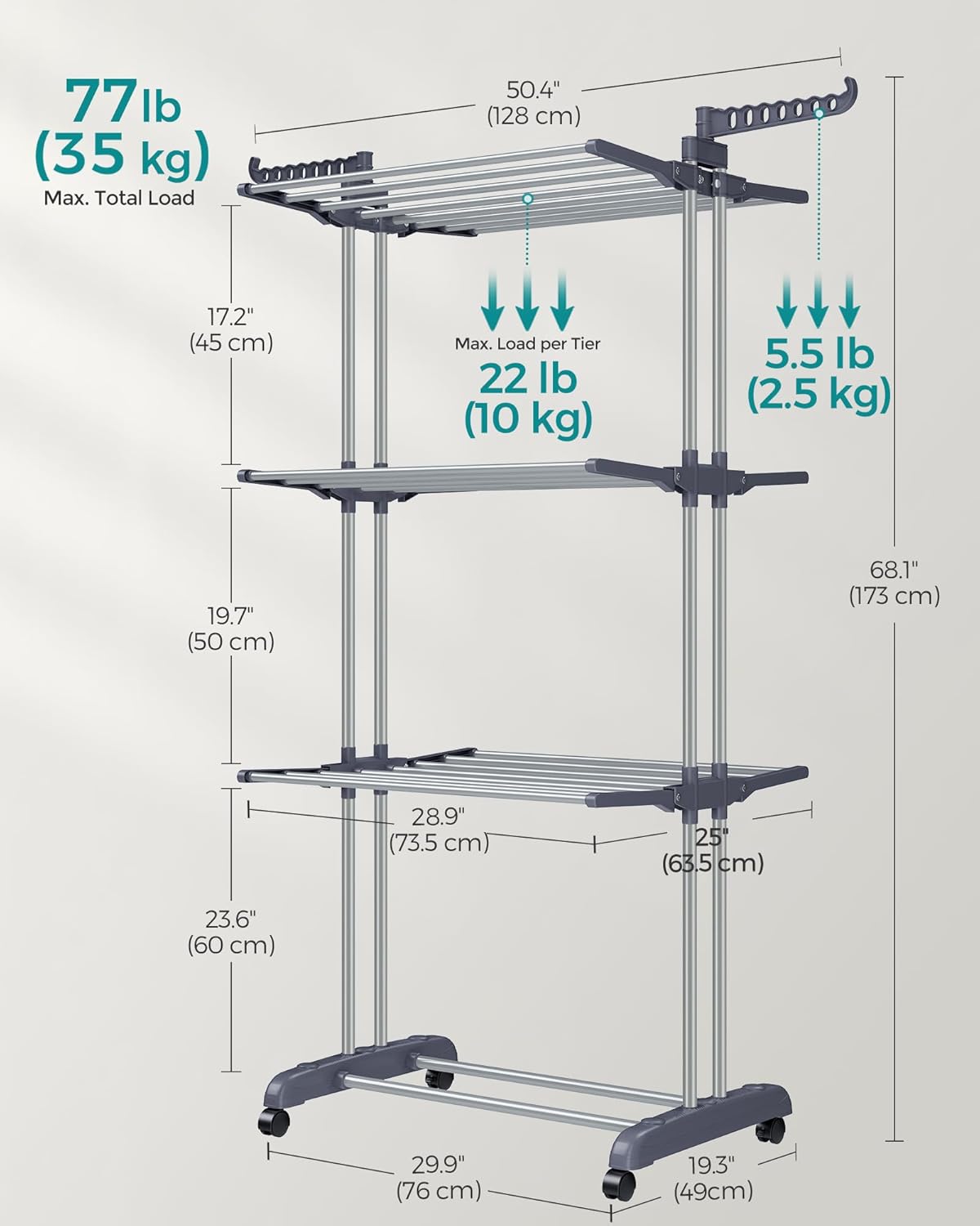 SONGMICS Clothes Drying Rack Stand 4-Tier, Foldable Laundry Drying Rack 68.1-Inch Tall, Steel, Rolling Clothes Horses Dryer Rack, Easy to Assemble, Indoor Outdoor Use, Dove Gray ULLR701G01