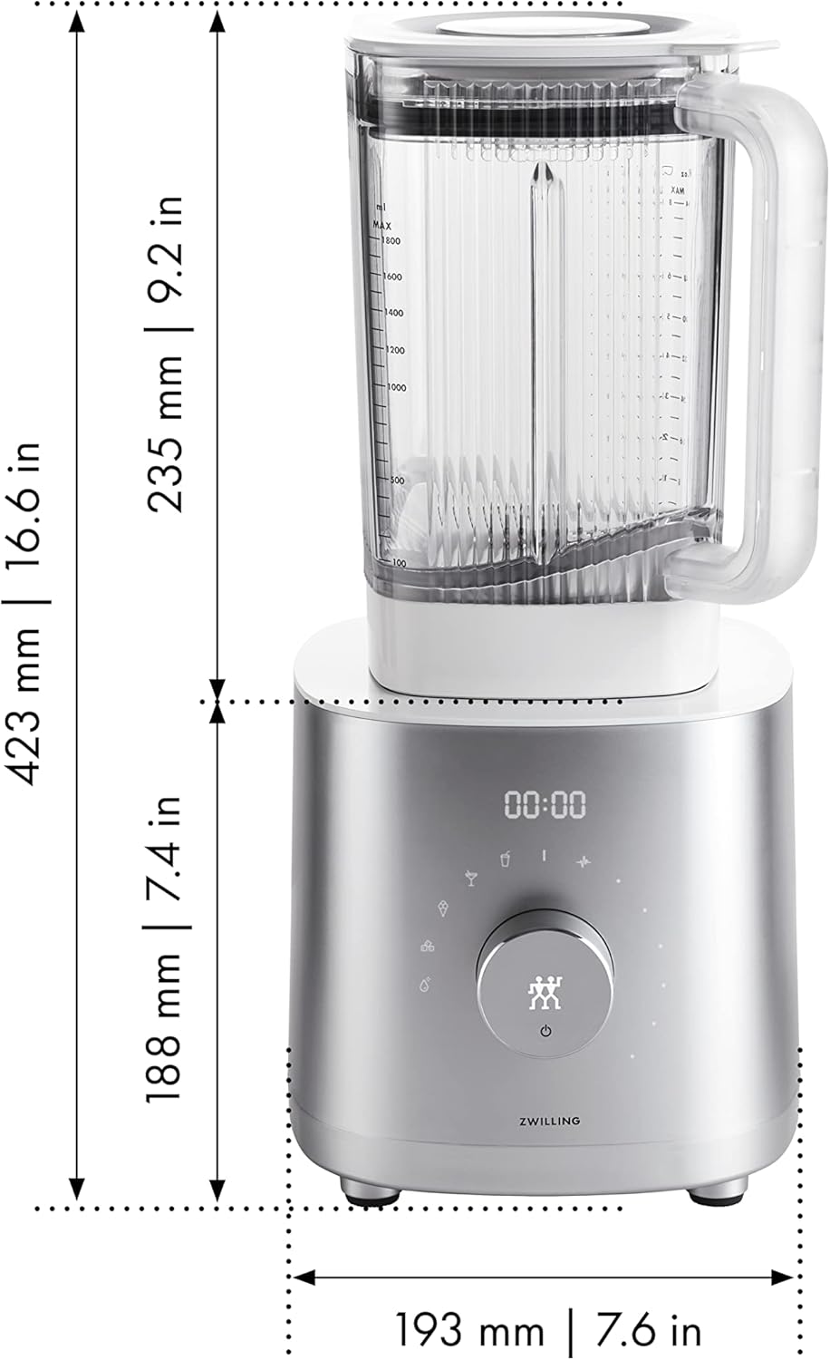 ZWILLING ENFINIGY Powerful Blender, 1.8 Litres, Mixer with Stainless Steel Winglet Blade and 1600 Watt Powerful Motor, Silver