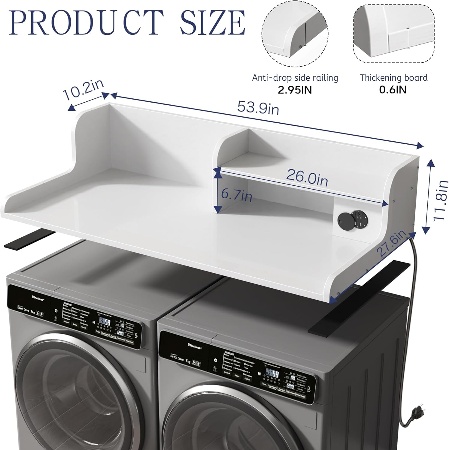 DTK Washer Dryer Countertop with Charging Station, 2 Tier Laundry Countertop with Anti-Slip Strips, 27.55
