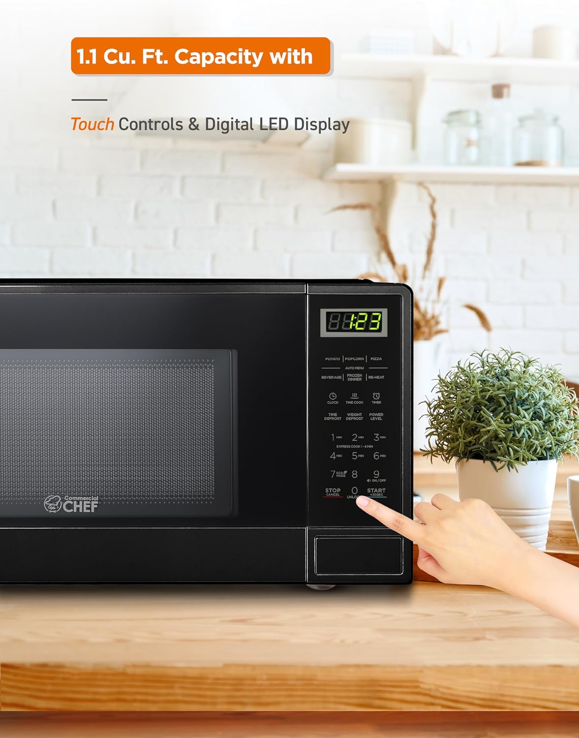 COMMERCIAL CHEF 1.1 Cu Ft Microwave with 10 Power Levels, Small Microwave with Push Button, 1000W Countertop Microwave with Kitchen Timer, Door Lock, & Digital Controls, Black