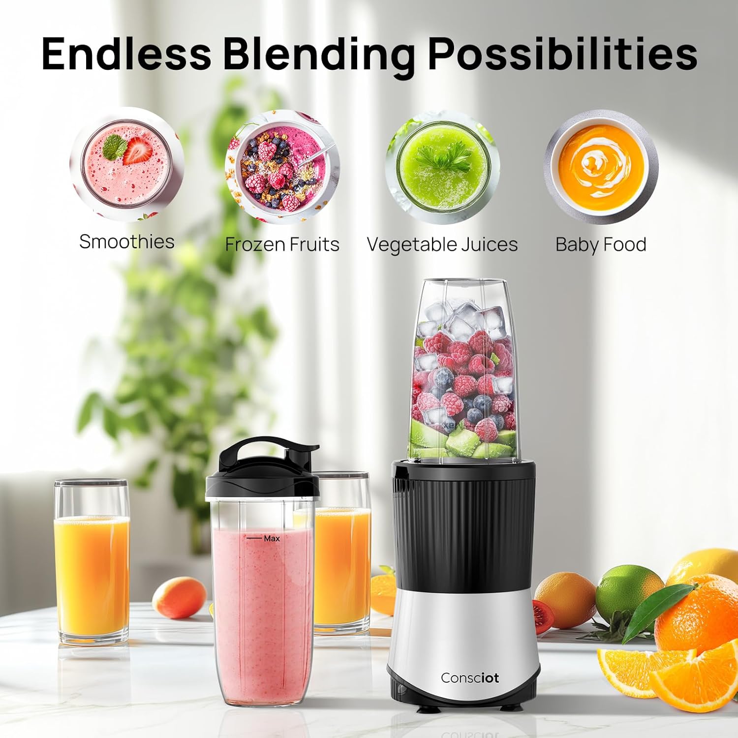 Smoothies Blender, Consciot Countertop and Personal Blender Combo, Making Shakes and Smoothies, Frozen Drinks, Spreads and More, 3 Portable To-Go Cups & 3 Lids, 900W Peak Watts