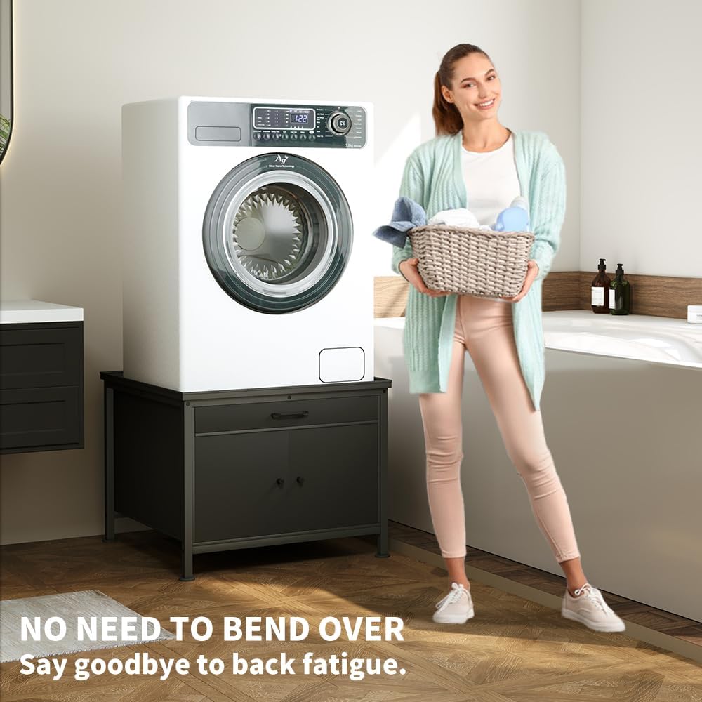 LUCKUP Laundry Pedestal for Washer & Dryer, Heavy Duty Platform Base Stand 29”Universal Fit All Machines w/Laundry Basket Shelf and Built-in Drain Hose