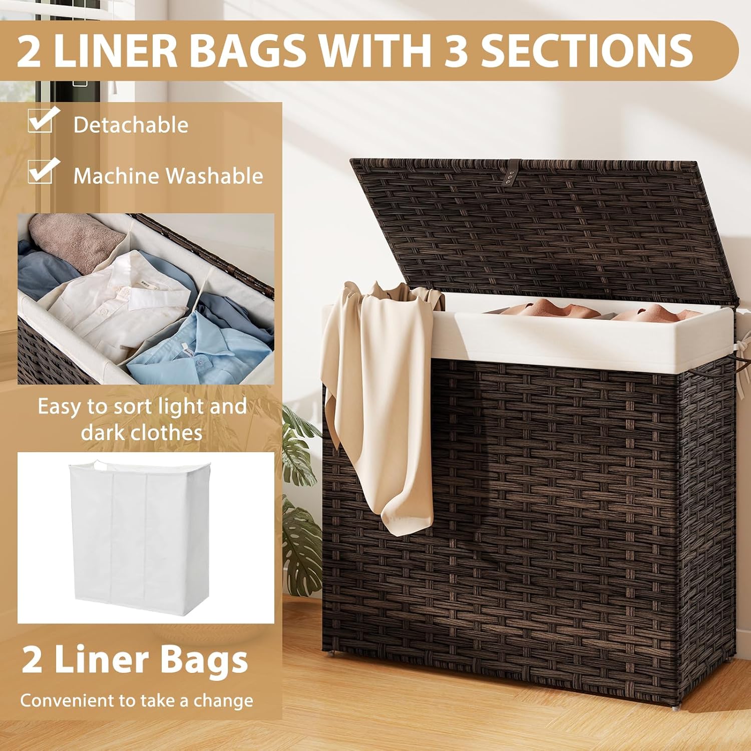 Giantex Laundry Hamper w/Wheels, 3 Section Hamper 125L w/2 Removable Liner Bags, Handwoven Rattan Divided Laundry Basket w/Lid and Handle for Laundry Sorter for Bathroom Bedroom (Brown)