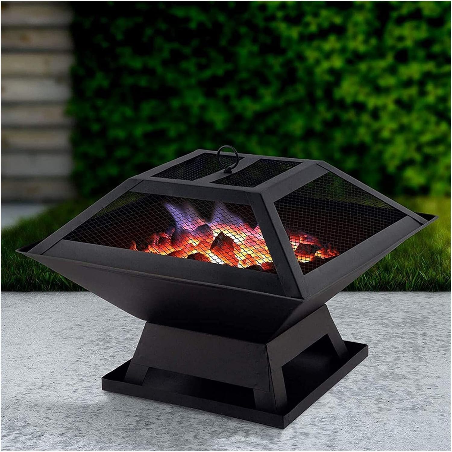 Fire Pits Outdoor Wood Burning Outdoor BBQ Grill Brazier Square Shape Firepit Wood Burning Portable Camping BBQ Grill Fire Bowl with Cover BBQ Cooking for Outside Camping Backyar