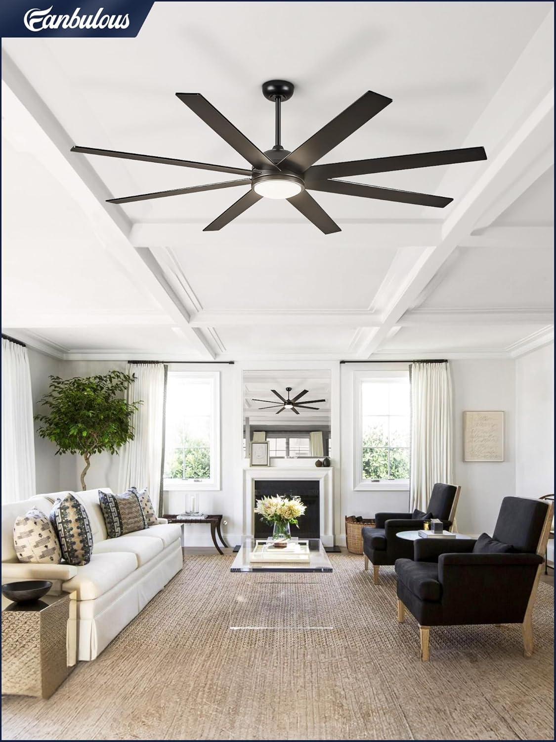 Fanbulous 65 Inch Ceiling Fans with Lights and Remote, Black Indoor/Outdoor Ceiling Fan with Quiet Reversible DC Motor, 6 Speeds, 3CCT, 8 Blades Large Ceiling Fan for Living Room Bedroom Patio