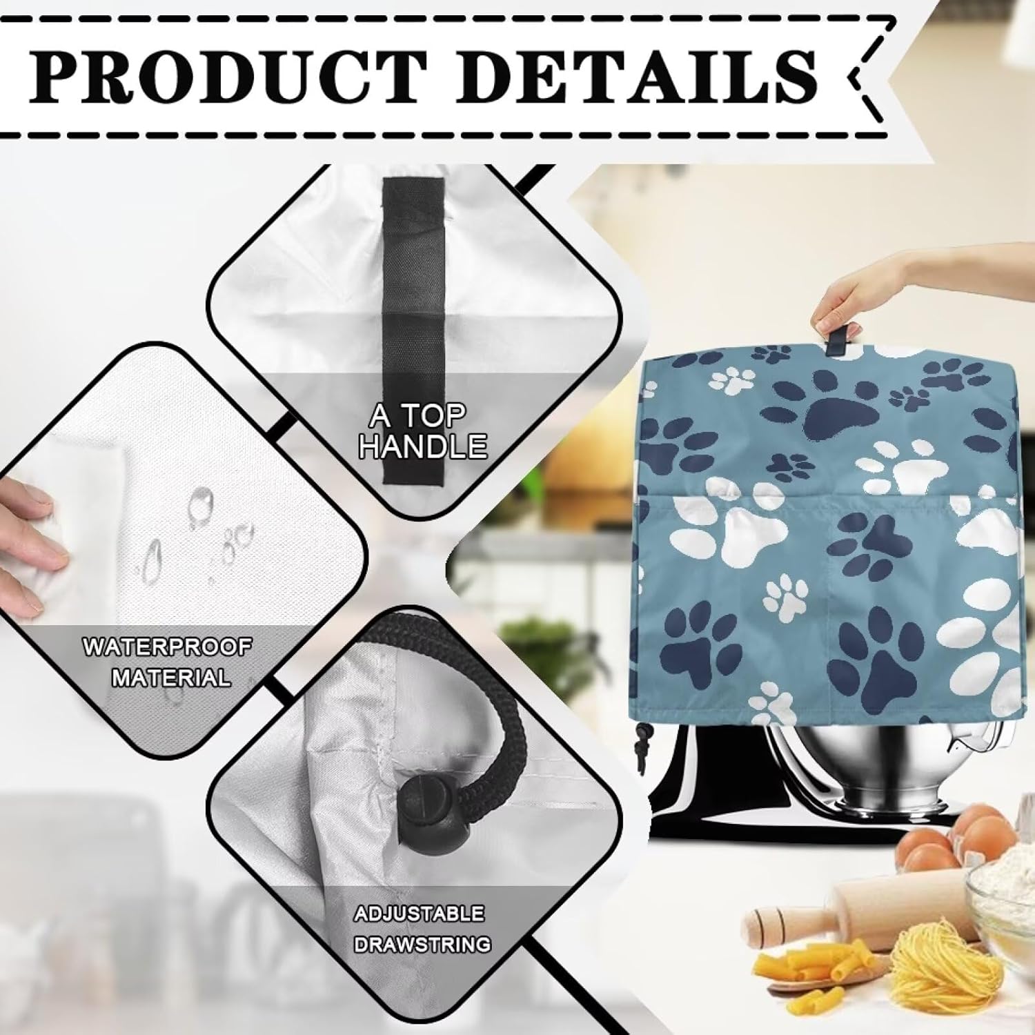 Stand Mixer Cover, Portable Stand Mixer Dust Cover for Most Standard Blender Dustproof Kitchen Appliances Dust Cover with Top Hook Portable to Use Blue Dog Paw Prints