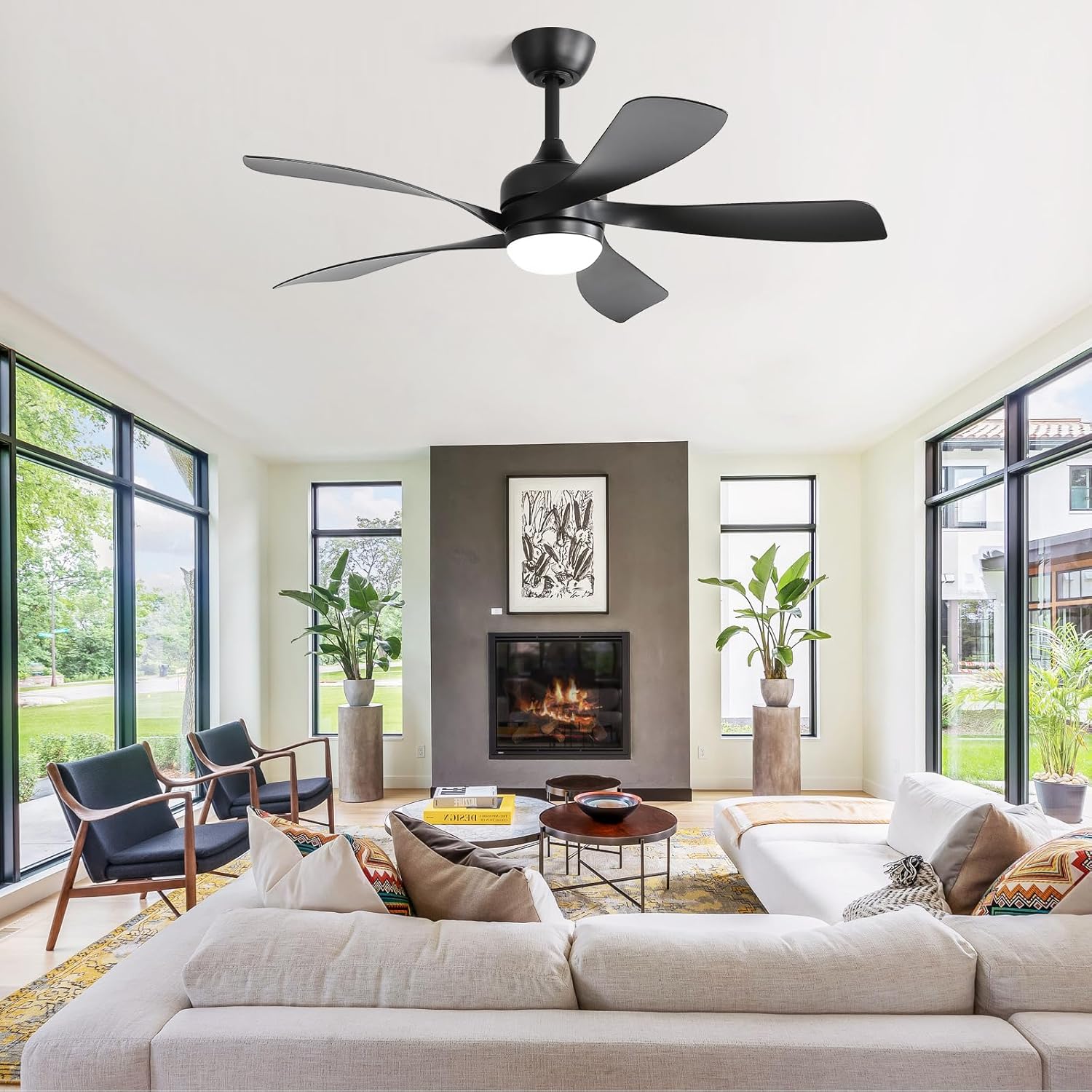 CACI Mall 52 inch Black Ceiling Fans with Lights, Remote Control, Low Profile, Modern Ceiling Fan with 5 Blades, Quiet Reversible DC Motor for Living Room, Bedroom, Patios