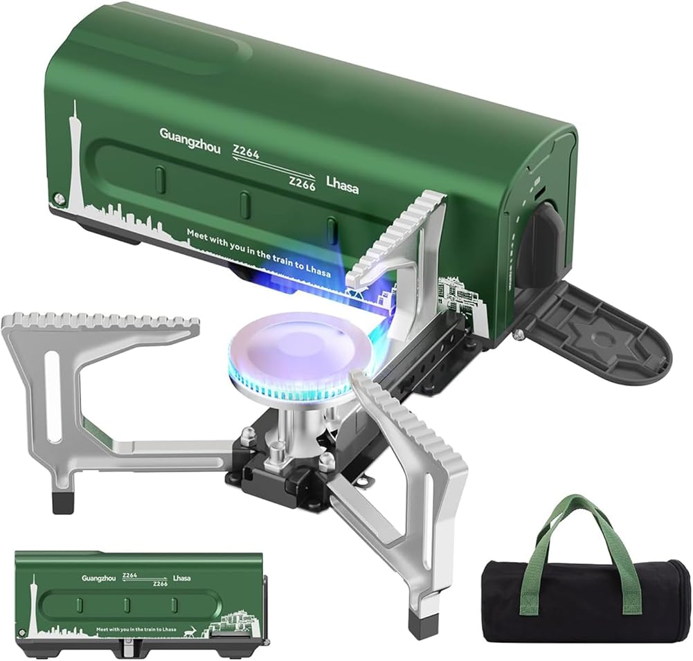 Camping Gas Stove, Portable 2200w/7500btu Foldable Stove Butane With Piezo Ignition & Carrying Bag, Adjustable Firepower, For Outdoor Cooking Pincnic Backpacking Hiking Bbqge (Green)