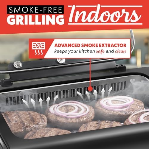 Gourmia Smokeless Indoor Grill & Air Fryer with Recipe Book – Electric Grill for Indoor Use, 5‑in‑1 Countertop Cooker, Cast-Iron Grate, 1650W, Glass Lid, Dishwasher-Safe Plates