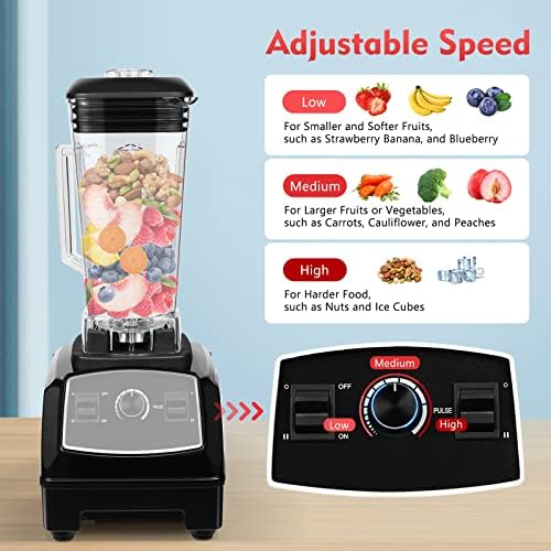 2200W Professional Countertop Smoothie Blender, 2L Heavy Duty Stainless Steel Commercial Kitchen Blender Mixer Juicer Ice Crusher,Adjustable Speed for Milkshakes,Ice Creams, Fresh Juices (Black)