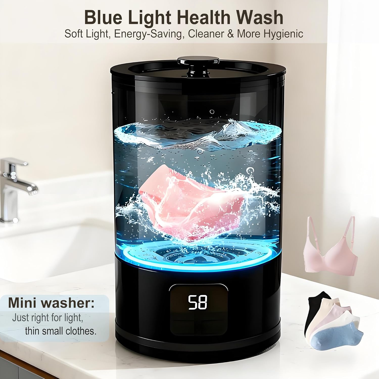 Underwear Washer, Portable Mini Washing Machine, Rechargeable small washing machine for Socks, Bras, Baby Clothes | Suitable for Travel & Dorm Use(black)