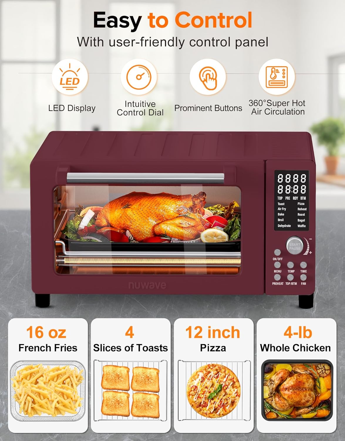 Nuwave Bravo Pro Smart Air Fryer Toaster Oven Combo, 10-in-1 Functions with Quicker & Even Crisp Technology, 1800W, 50-450°F, PFAS-Free, 21QT, Cinnamon
