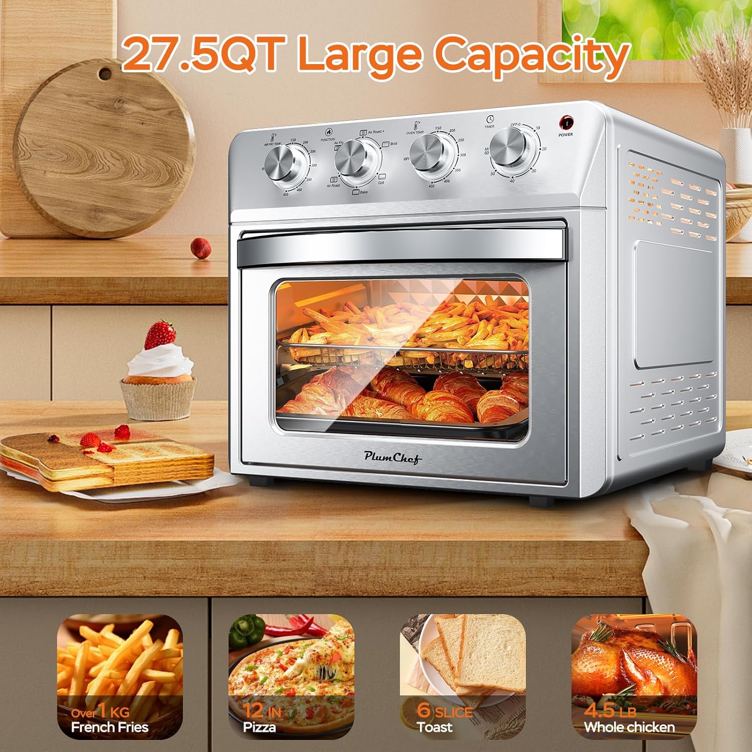 27.5QT 6-in-1 Air Fryer Toaster Oven Dropdown-Door 6-Slice Countertop Convection Oven for Air Frying, Baking, Roasting, Broiling & Grilling, 1700W, Sliver