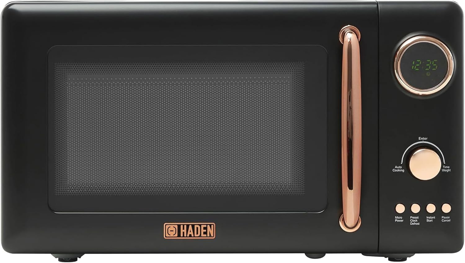 Haden 700 Watt 0.7 Cubic Foot Microwave Oven with Digital Controls, Defrost, and Instant Start Countertop Small Appliance, Black/Copper