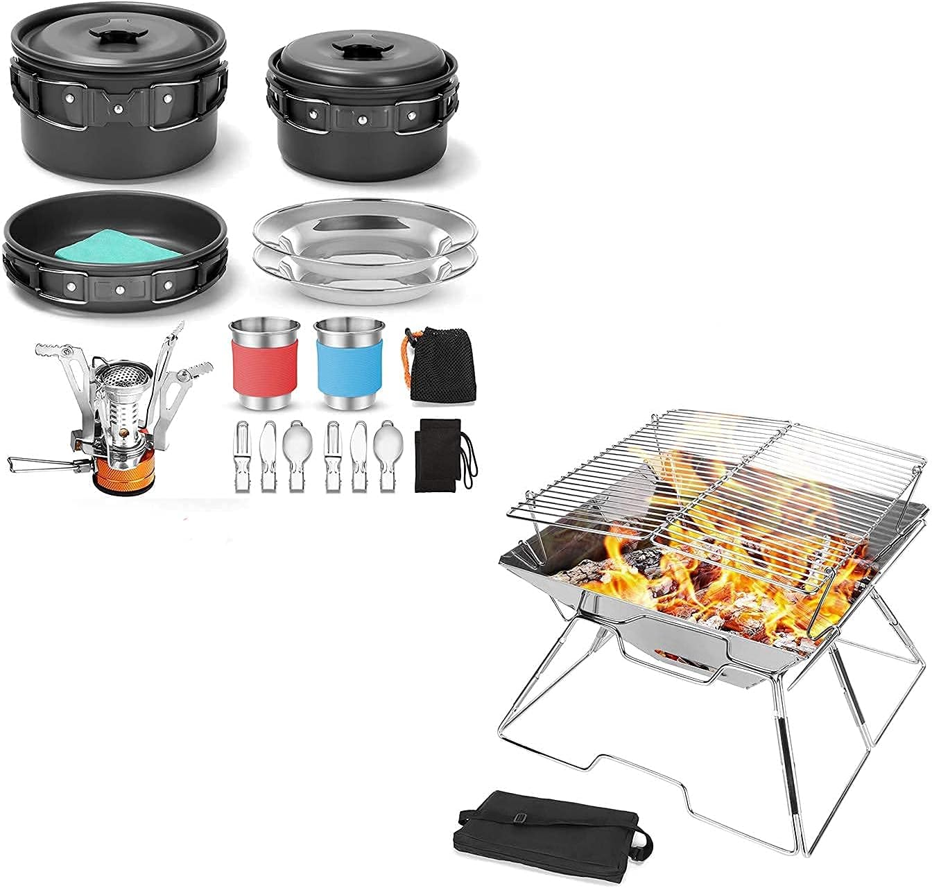 Odoland 16pcs Camping Cookware Mess Kit with Folding Camping Stove and Folding Campfire Grill for Outdoor Backpacking Hiking BBQ