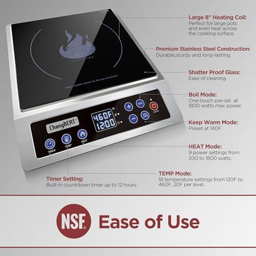 ChangBERT Portable Induction Cooktop Enhanced Version, One-Click Max Power 1800W Large Heating Coil Burner, Precise Temperature Control, NSF Certified, Low Noise Hot Plate for Home & Commercial
