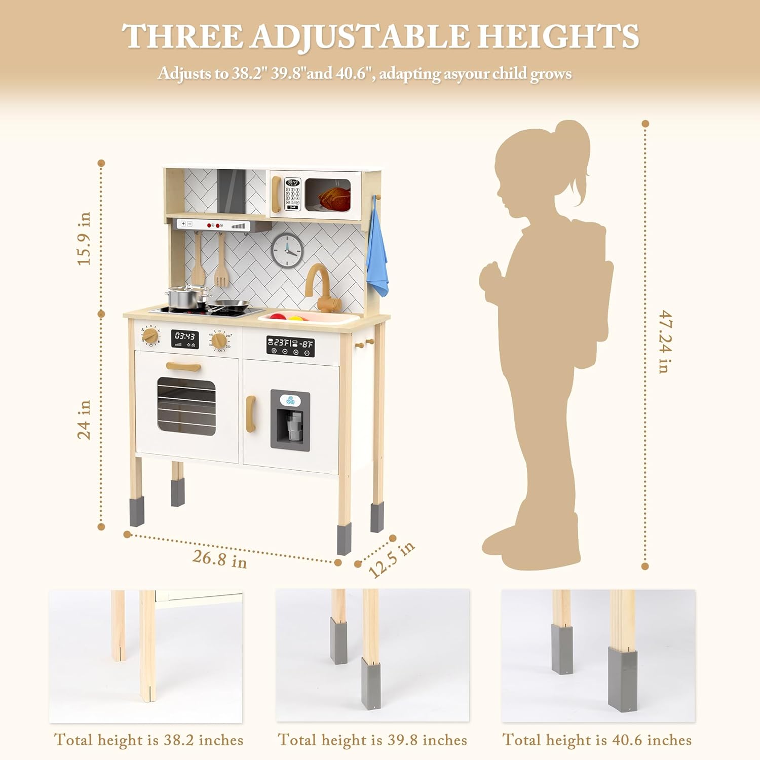 Freniland Wooden Play Kitchen, Kitchen Playset for Kids with Realistic Stove, Range Hood, Oven, Ice Maker, Microwave, Sink, with Light & Sound, 18 Accessories, Pretend Toy Kitchen, Gift for Ages 3+