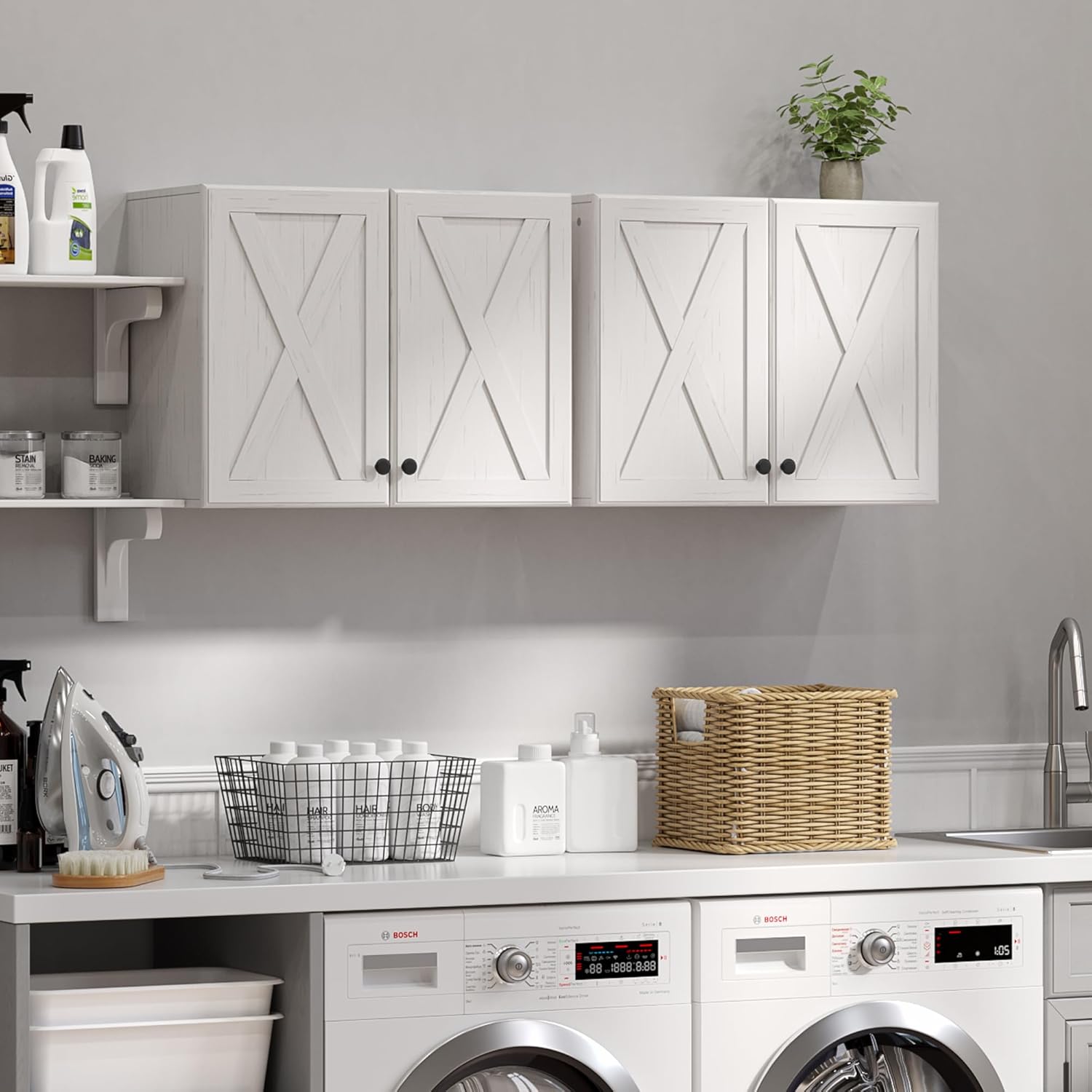 Wall Storage Cabinets - Farmhouse Kitchen Laundry Wall Mounted Cabinets with 4 Doors and Shelves, in White with Grain, 24'Wx2Pcs
