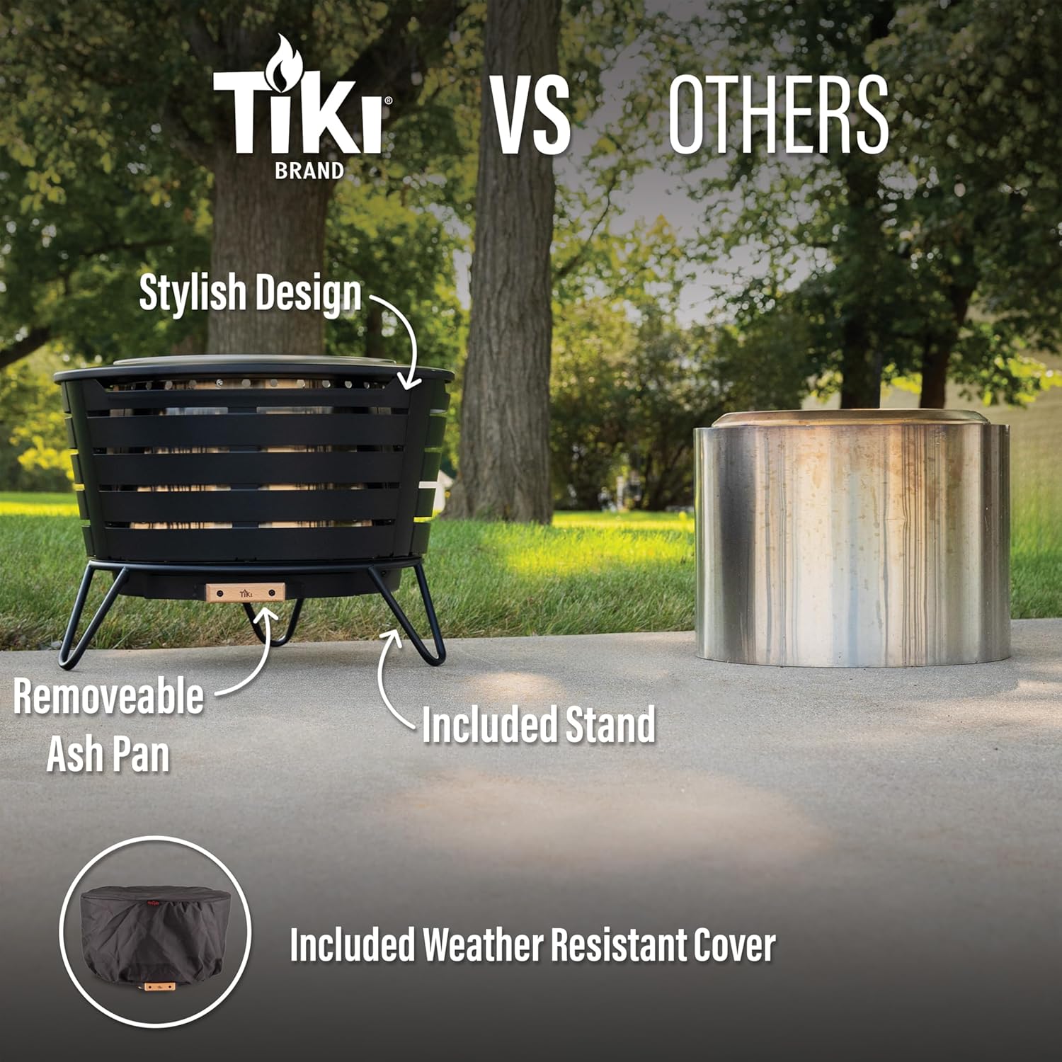 TIKI Patio Fire Pit Bundle – 25-Inch Smokeless Wood Burning Outdoor Fire Pit for Backyard, Patio, Deck & Garden with Removable Ash Pan, Stand & Weather-Resistant Cover – Modern Black Stainless Steel