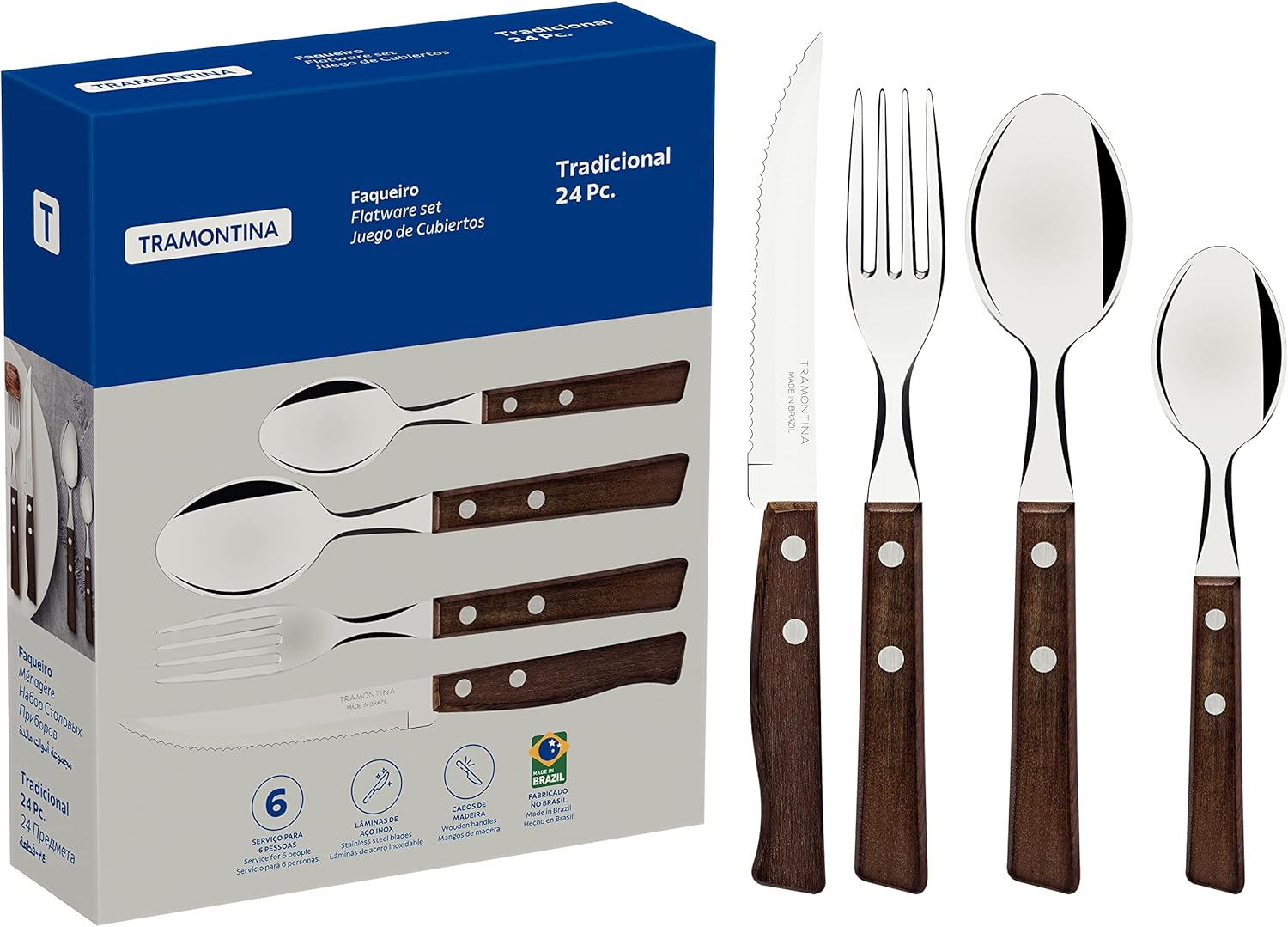 Tramontina Cutlery Set with Steak Knives, 24 Piece Sharp Knife, Forks, Teaspoons, Tablespoons with Wooden Handles, ‎Camping, Kitchen, Rustic, 22299050