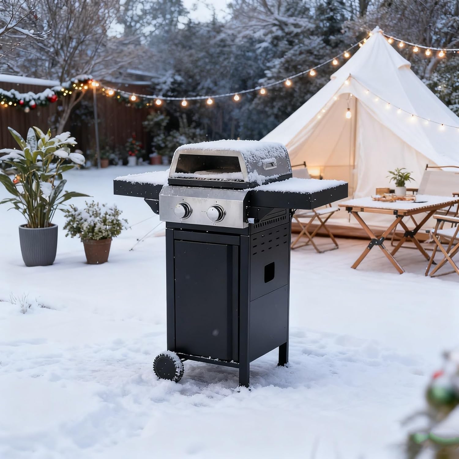 2-Burner Propane Gas Grill， 24600BTU - With Pizza Box & Enamel Wire Grids, Foldable Side Table & Hanging Basket | Stainless Steel BBQ For Outdoor Cooking, Camping Use